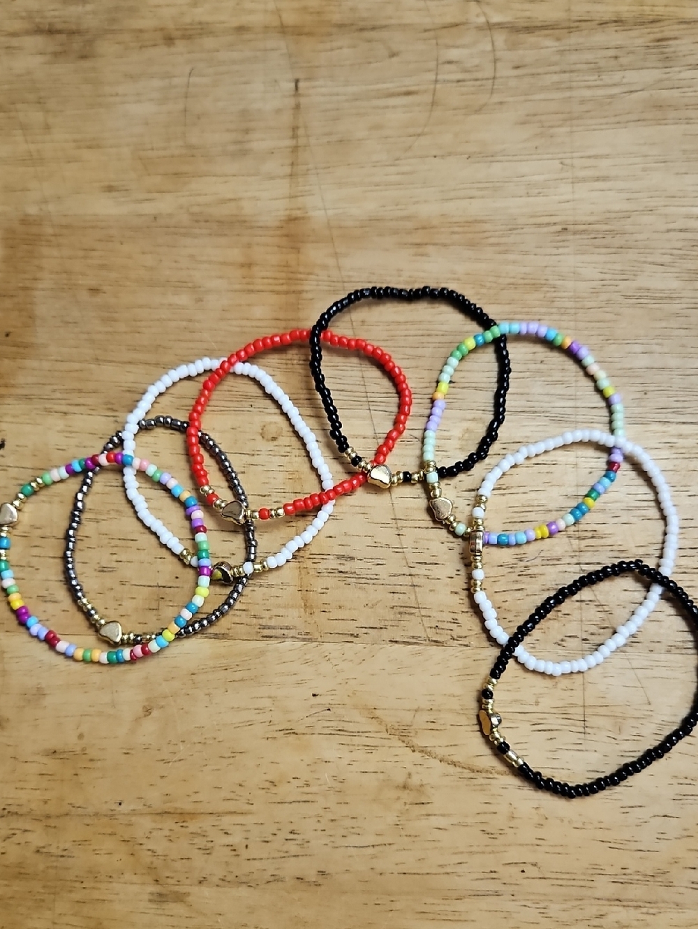 8 Bohemian Bracelets- Women-Handcrafted Seed Bead Stretch-Gold Heart Accent -NEW